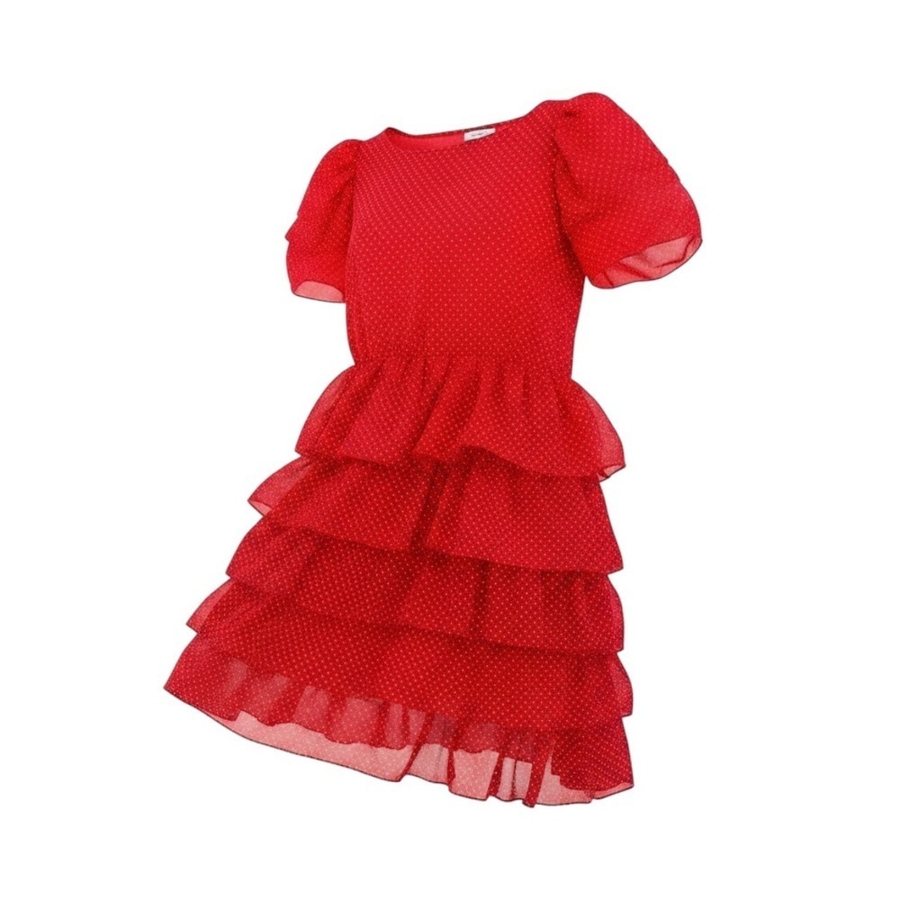 Vintage Red Polka Dot Tiered Ruffle Mini Dress Puff Sleeve Size 9 Made in USA